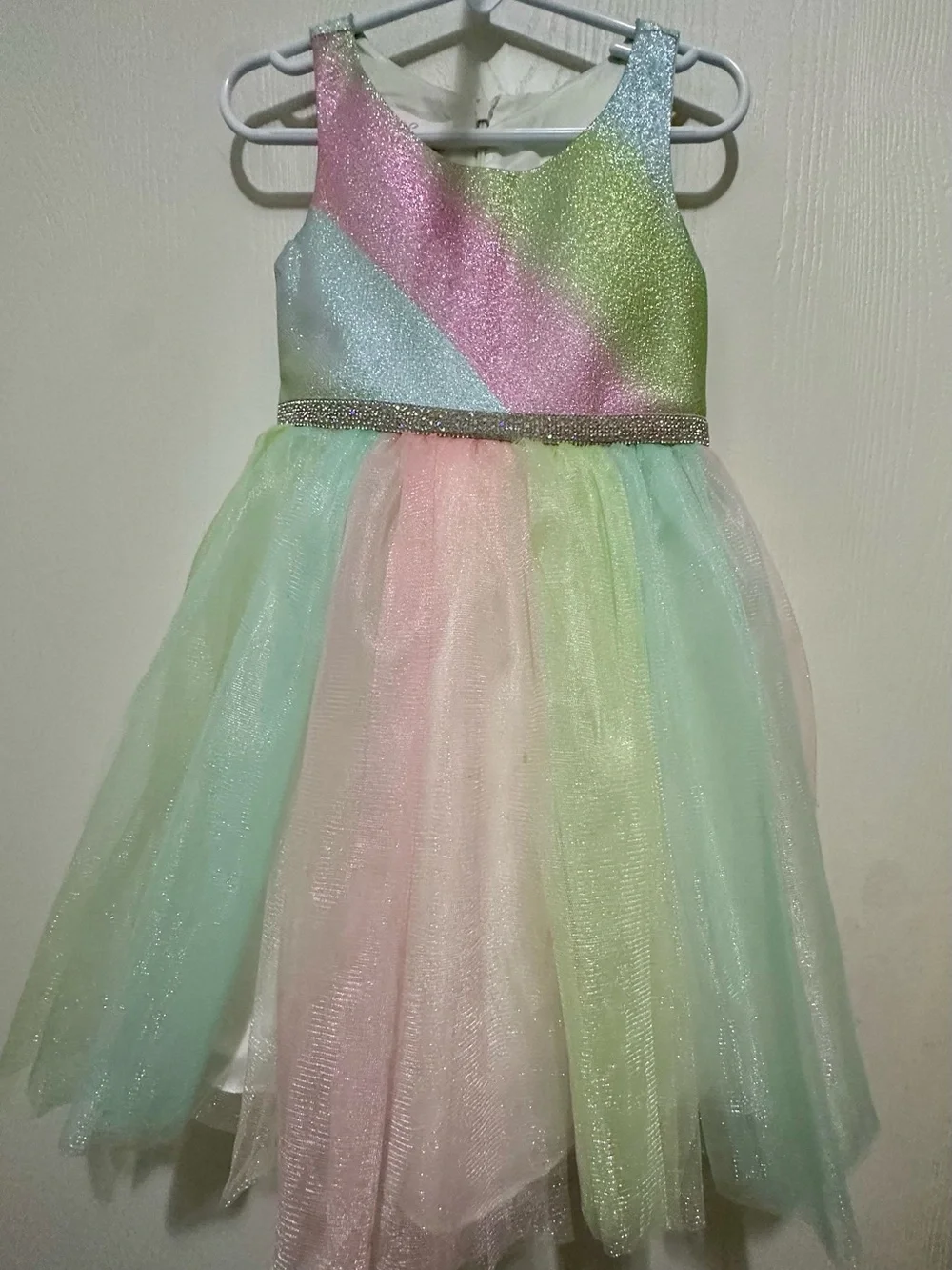 Bonnie Jean Pastel Rainbow Glitter Tulle Dress in Pink, Mint, Blue, Yellow